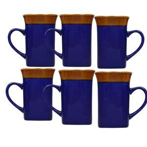 Set of 6 Blue & Brown Stoneware Coffee Mugs 14 oz – Microwave Safe